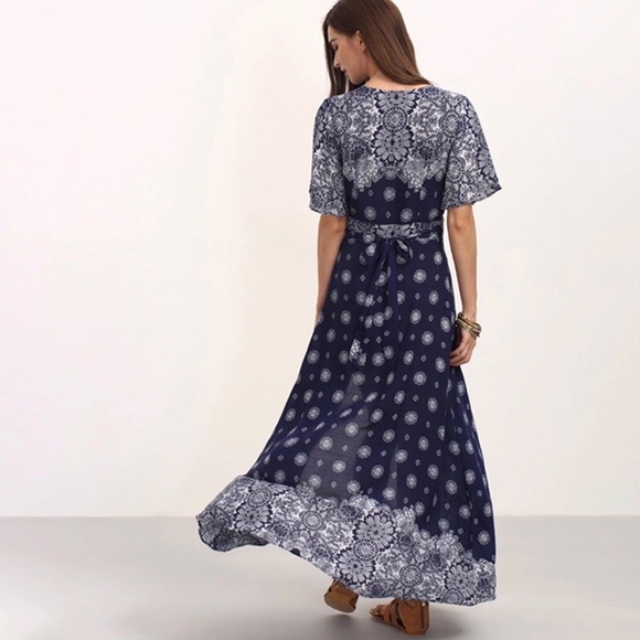 💥 Boho Floral Short Split Sleeve Wrap Maxi Dress - Picture 4 of 5